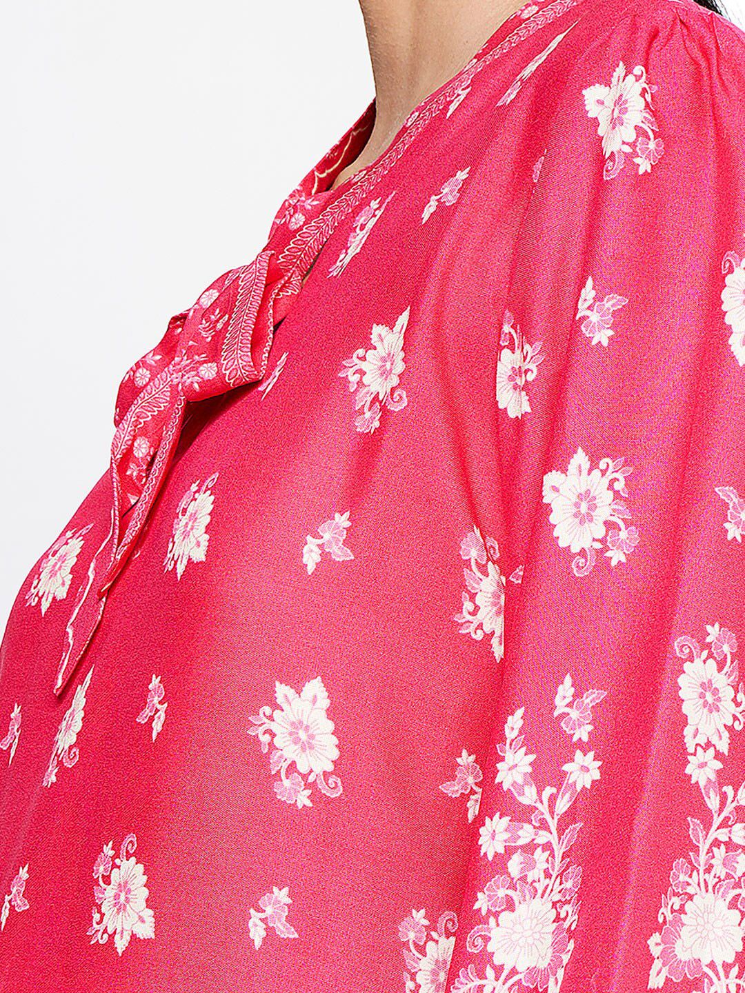 Global Desi Pink Floral Tie-Up Neck Drop-Waist Dress