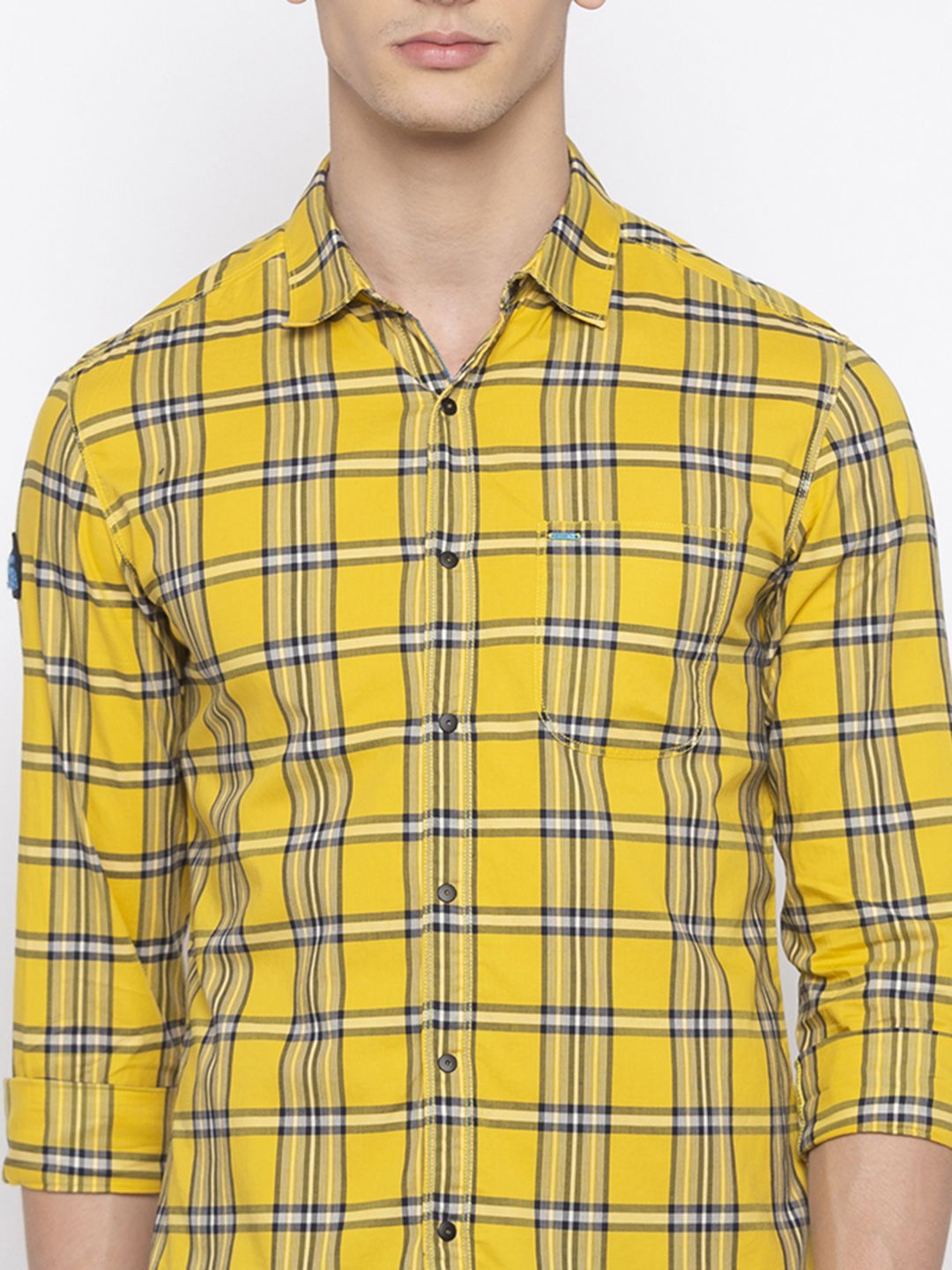 SPYKAR Men Yellow & Black Slim Fit Checked Casual Shirt