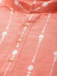 See Designs Men Peach-Coloured & White Printed Pure Cotton Straight Kurta