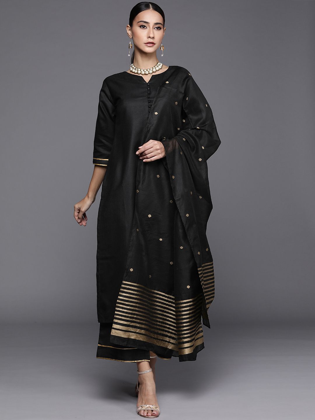Libas Women Black Pure Cotton Kurta with Palazzos & With Dupatta
