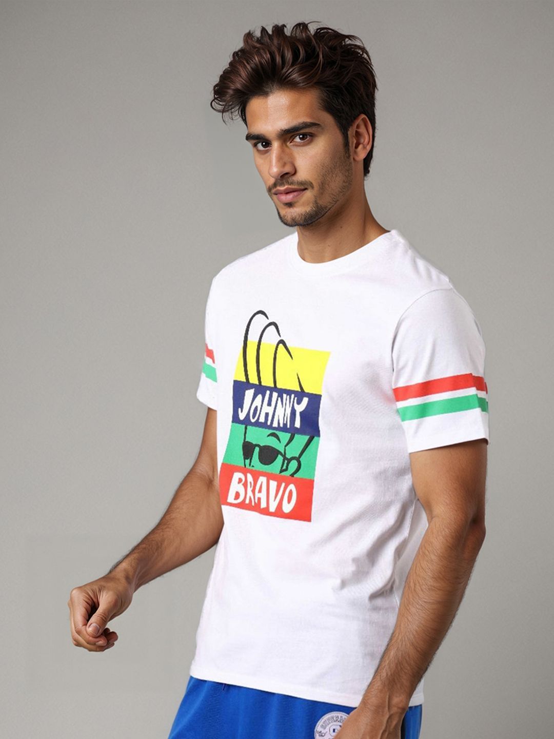 The Indian Garage Co Men Johnny Bravo Graphic Printed Round Neck Cotton Slim Fit T-shirt