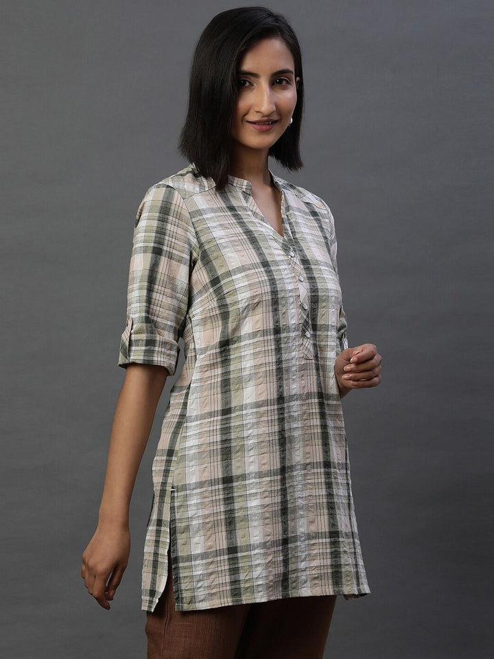 AURELIA Checked Mandarin Collar Pure Cotton Kurti