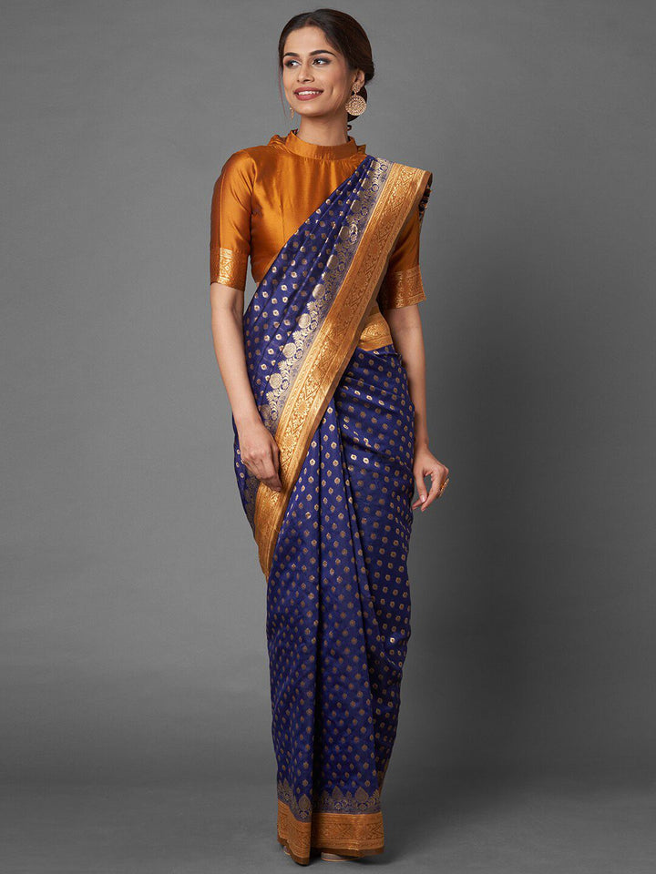 Saree mall Navy Blue & Mustard Zari Silk Blend Banarasi Sarees