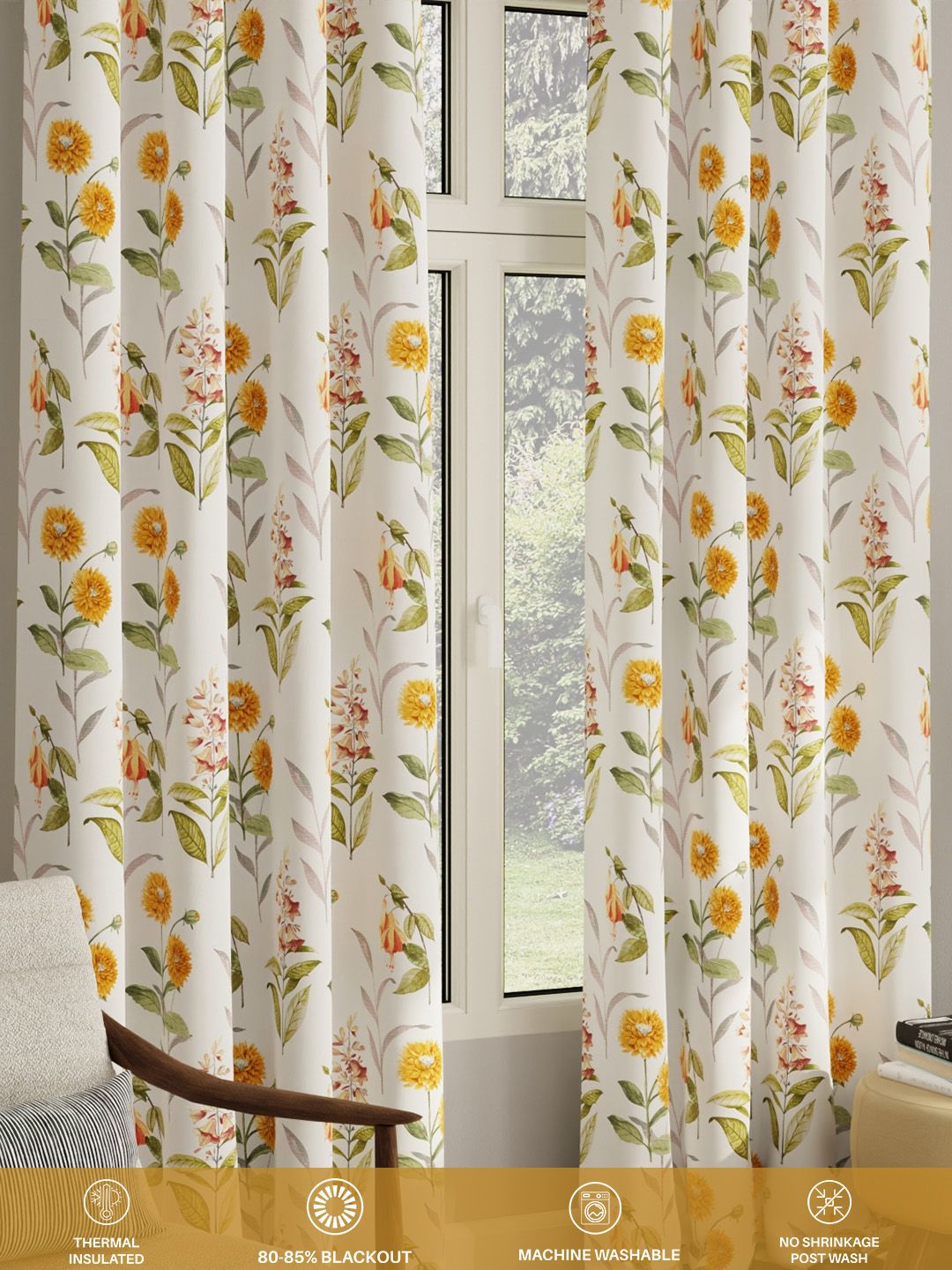 URBAN SPACE Pack of 2 White & Yellow Floral Printed Room Darkening Window Curtain