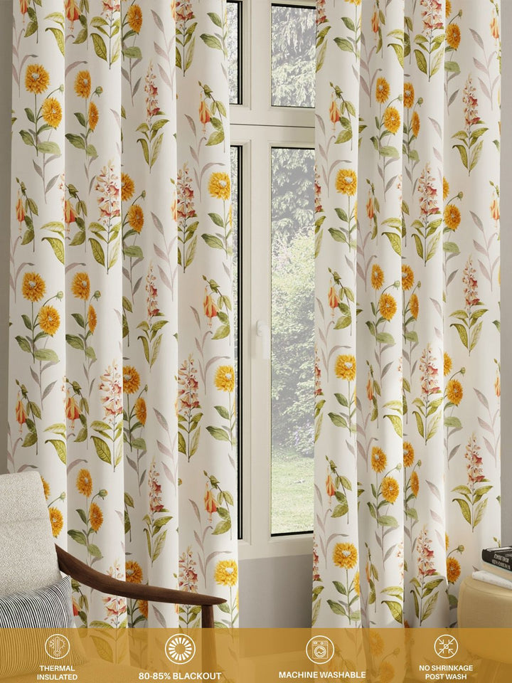 URBAN SPACE Pack of 2 White & Yellow Floral Printed Room Darkening Window Curtain