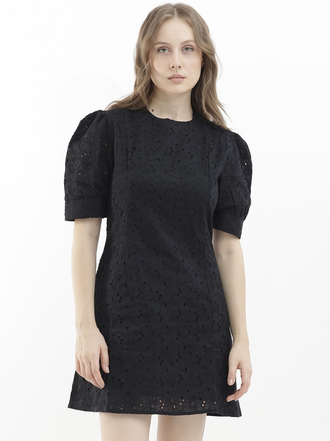 RAREISM Puff Sleeve Cotton Sheath Mini Dress