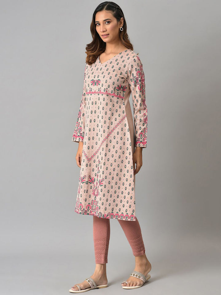 W Women Pink Ethnic Motifs Printed V-Neck Kurta