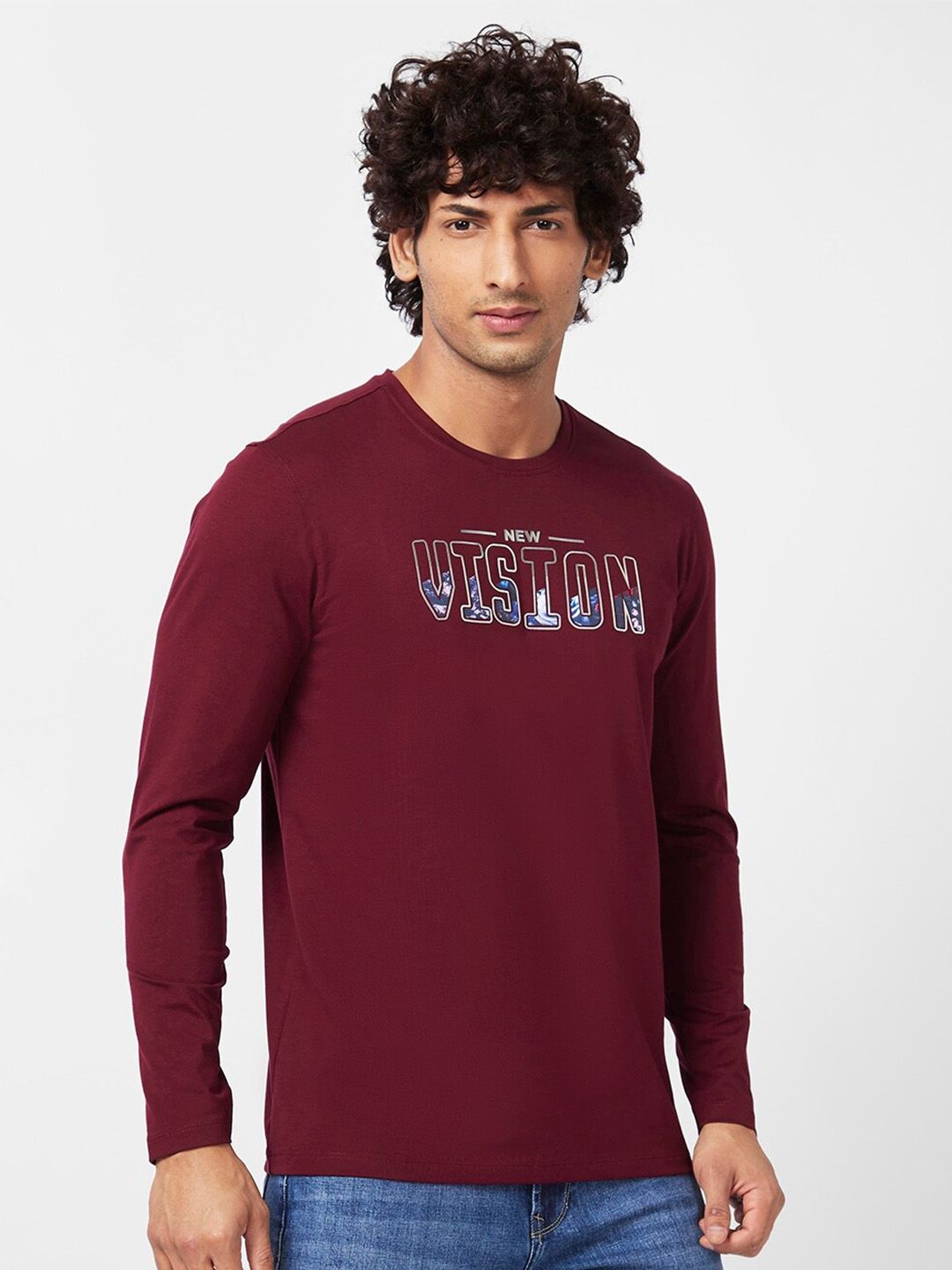 SPYKAR Typography Printed Long Sleeves Slim Fit Cotton T-Shirt