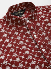 SOJANYA Men Maroon Chikankari Embroidered Kurta with Churidar & Nehru Jacket