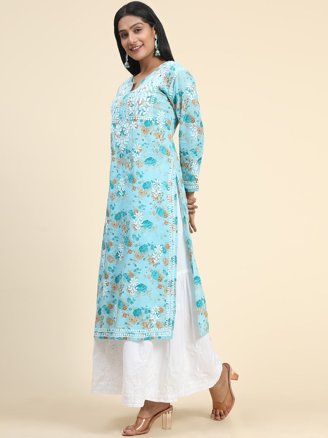 HOUSE OF KARI Floral Printed Thread Work Cotton Kurta