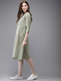 Anouk Women Olive Green & Off-White Printed A-Line Fusion Kurta