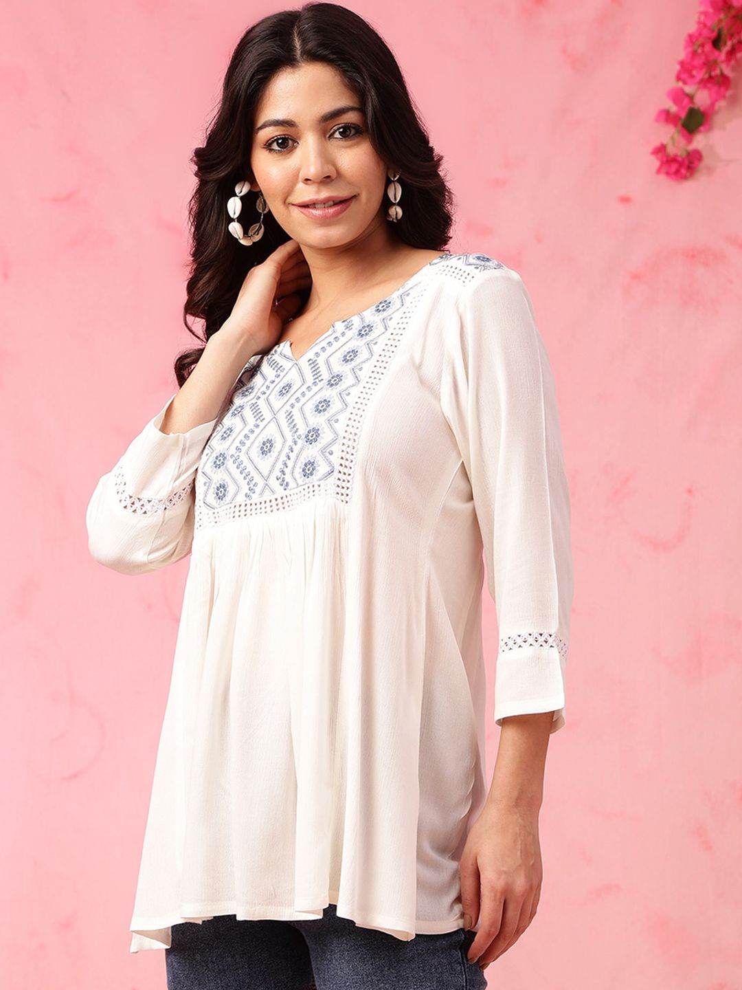 Anouk Ethnic Motifs Yoke Design Thread Work A-Line Short Kurti