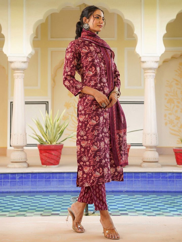 KALINI Floral Printed Straight Kurta With Trousers & Dupatta