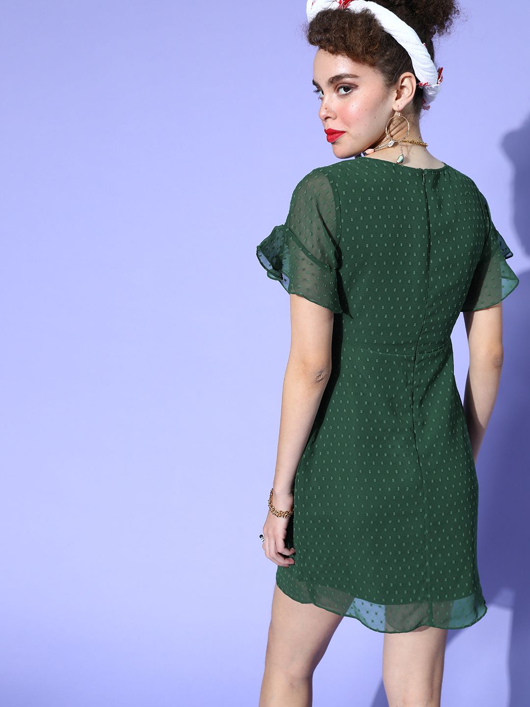 Berrylush Women Gorgeous Green Self-Design 70s Mini Dress