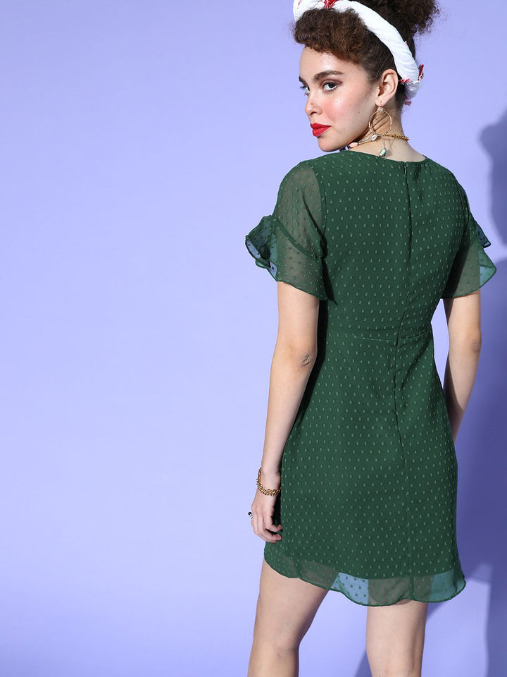 Berrylush Women Gorgeous Green Self-Design 70s Mini Dress