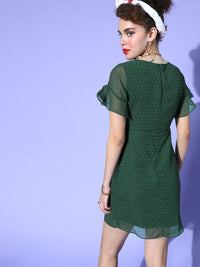 Berrylush Women Gorgeous Green Self-Design 70s Mini Dress