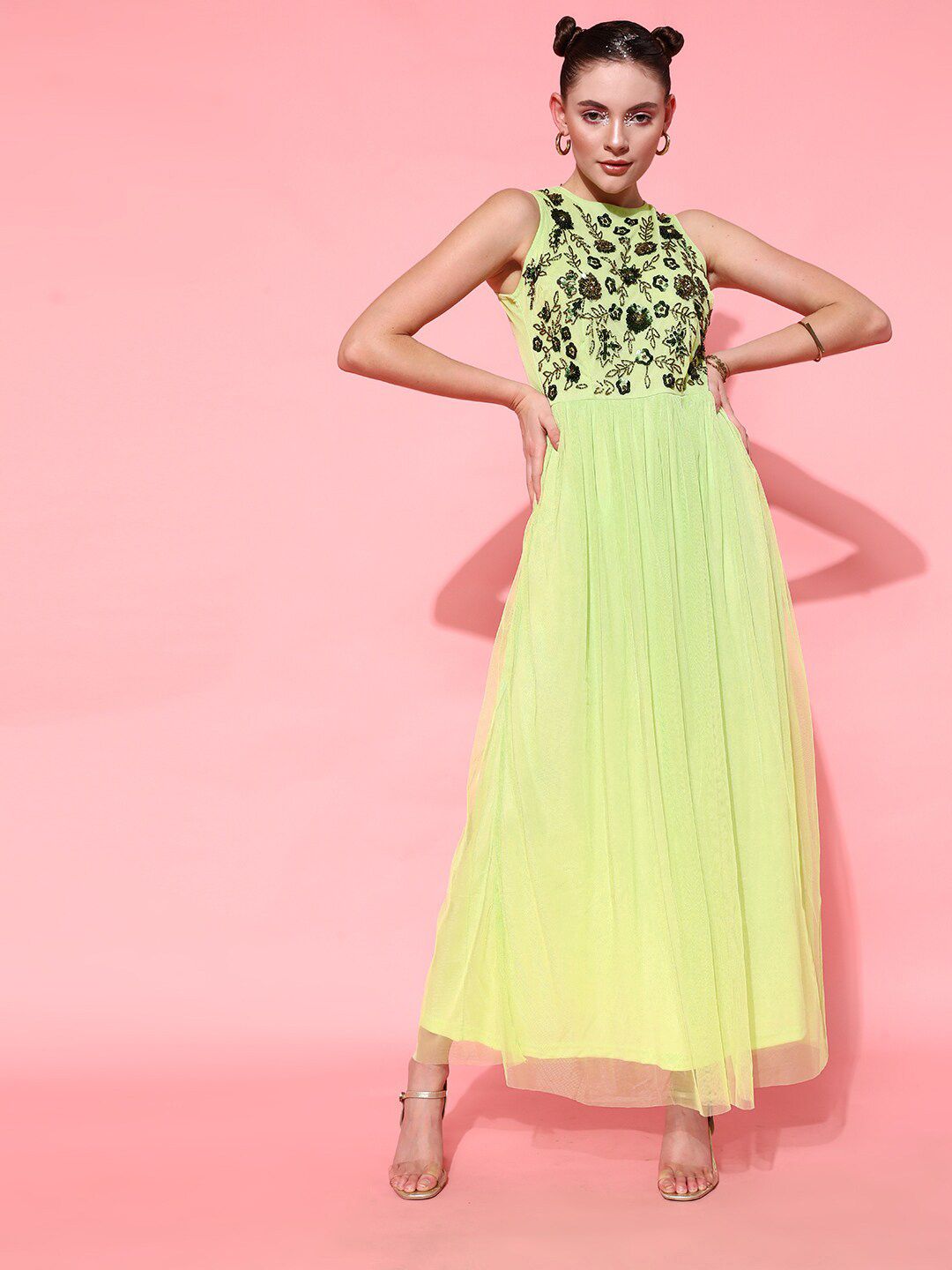 STREET 9 Women Lime Green Embellished Dress