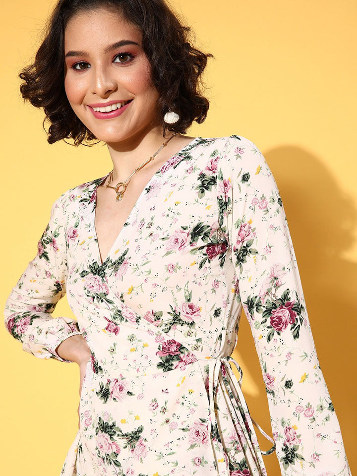 Berrylush Beige Floral Crepe Dress