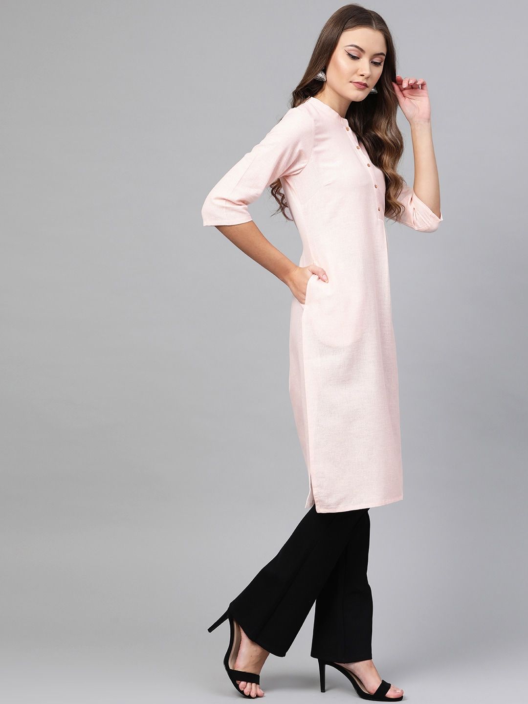 W Women Pink & Silver Striped Straight Kurta