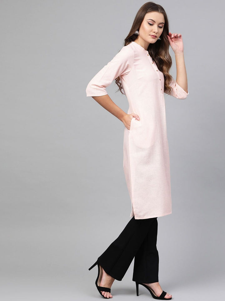 W Women Pink & Silver Striped Straight Kurta