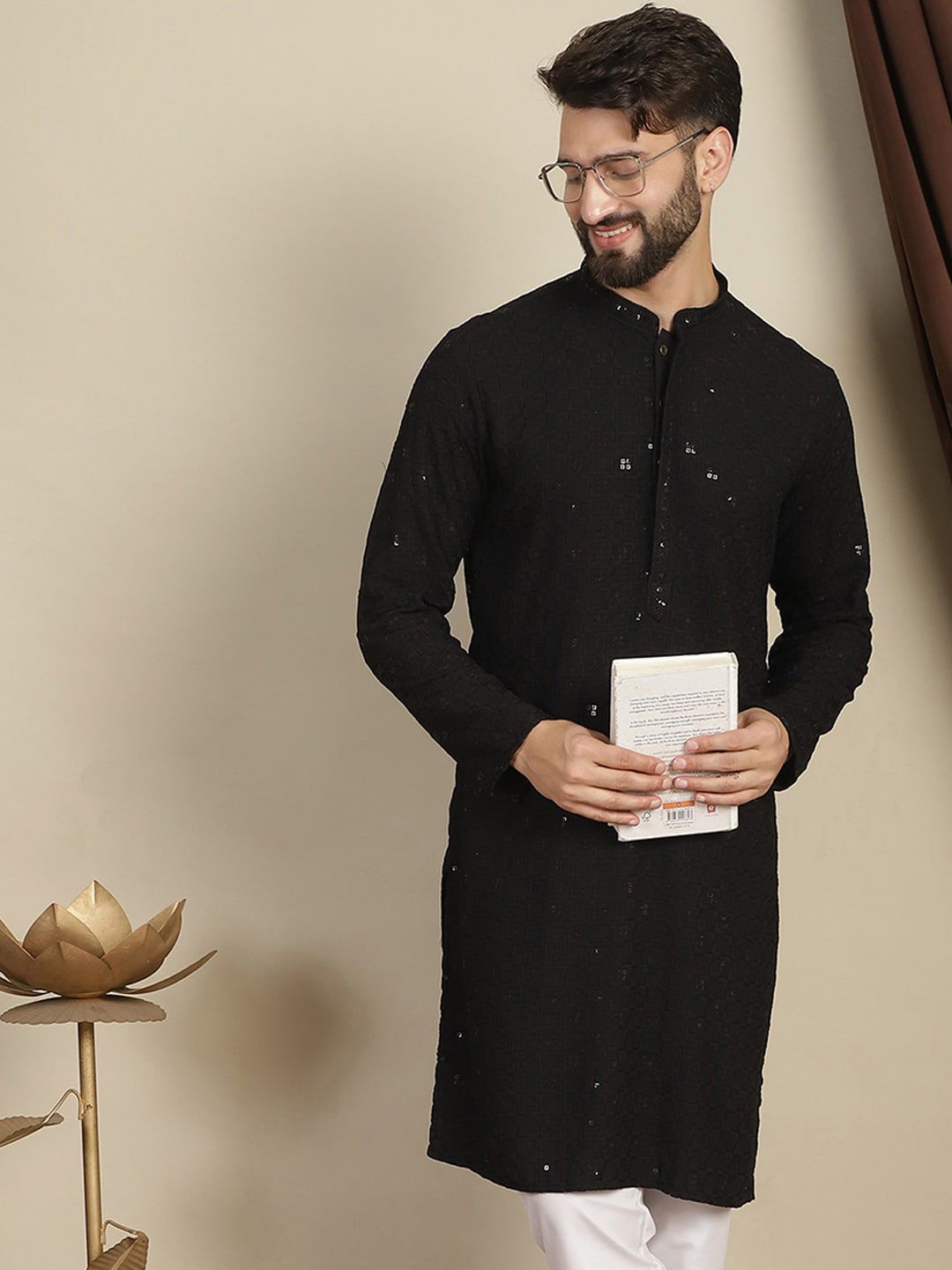 Anouk Striped Mandarin Collar Long Sleeves Cotton Thread Work Kurta