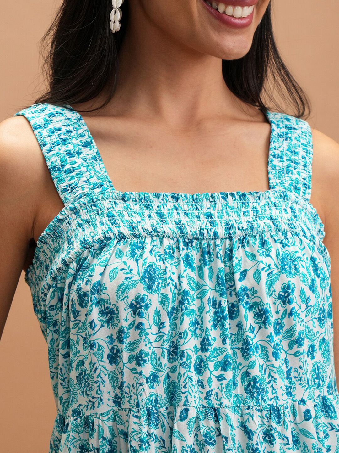 Vishudh Blue Floral Printed Smocked Tiered A-Line Midi Dress