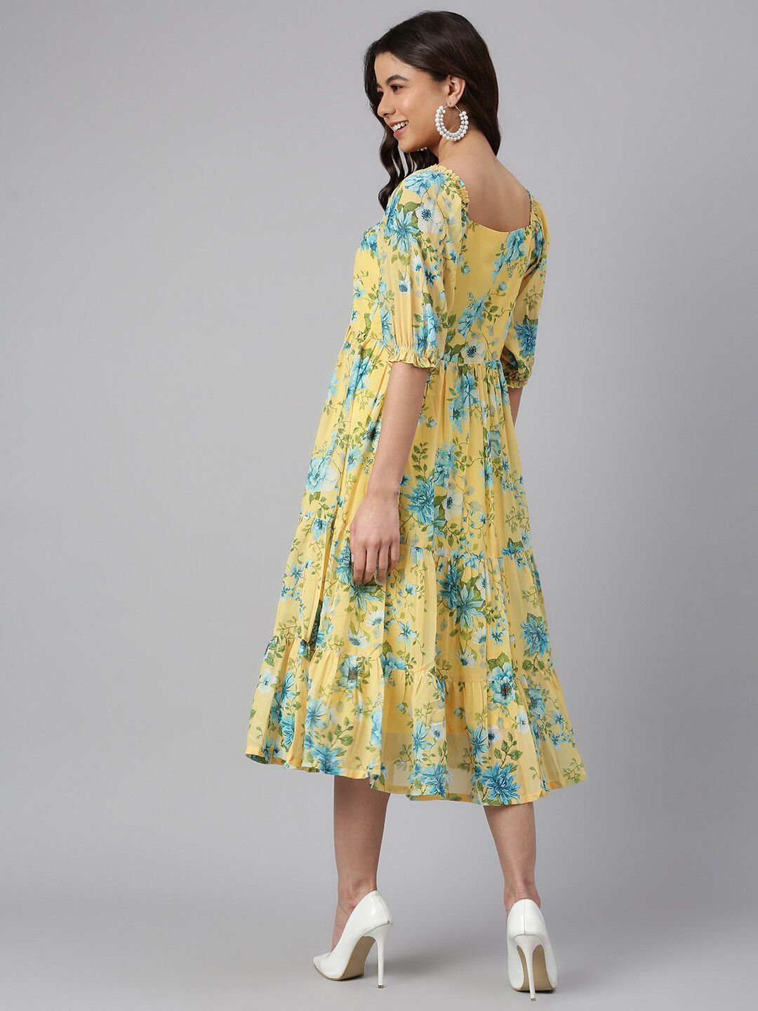 Janasya Women Yellow Georgette Floral Printed Flared Dress