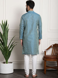 SOJANYA Men Blue & Off-White Woven Design Kurta with Churidar