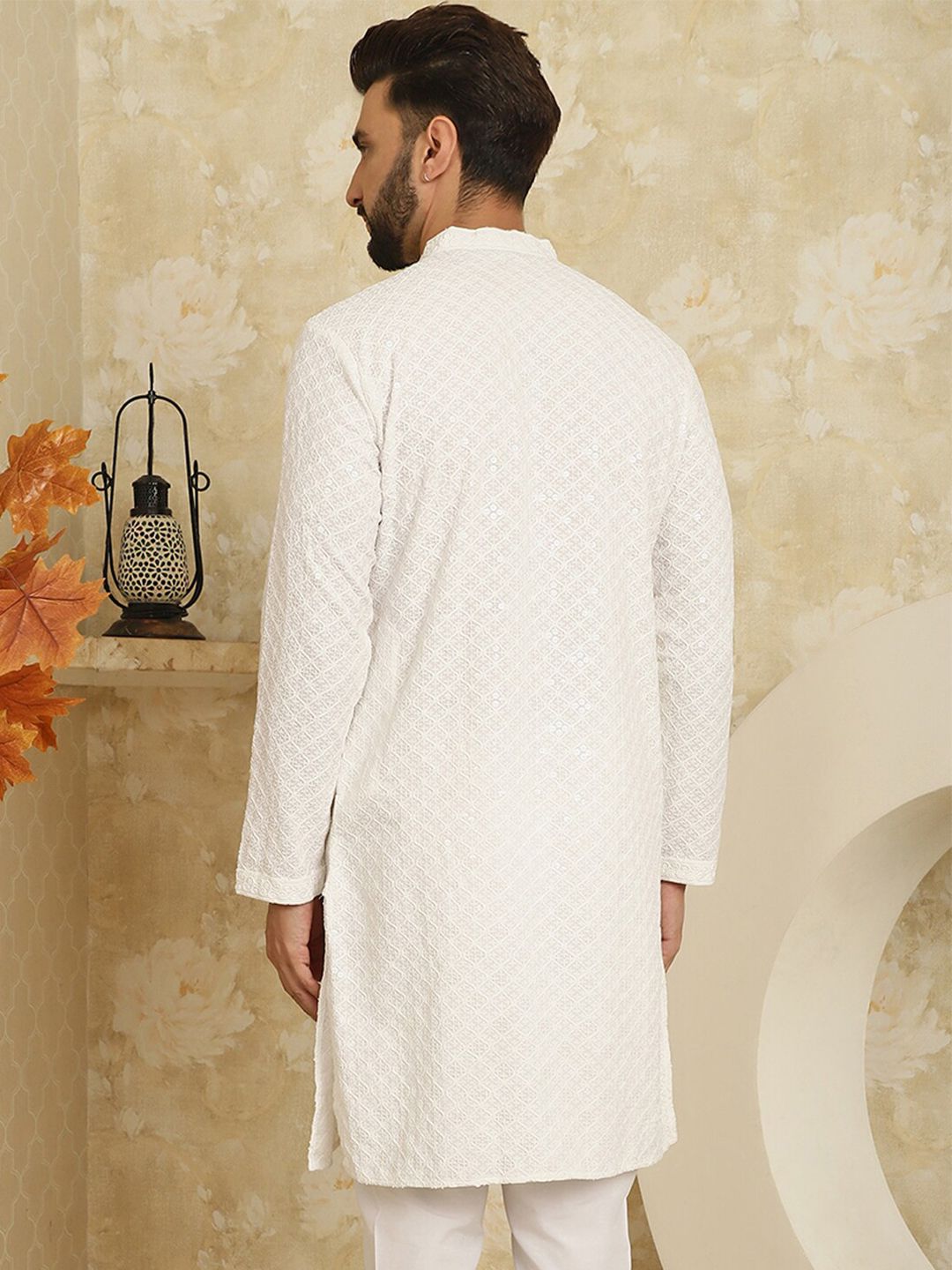 SOJANYA Kurta Lurus Kolar Mandarin Sulam Geometrik Kapas Tulen