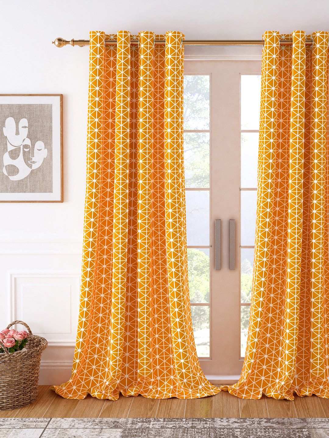 Story@home White & Orange Geometric Room Darkening Door Curtain