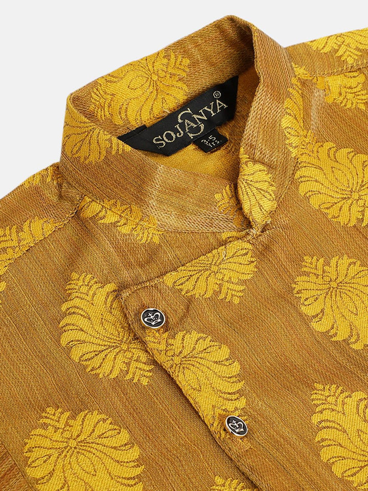 SOJANYA Boys Mustard Yellow Ethnic Motifs Jacquard Straight Angrakha Kurta