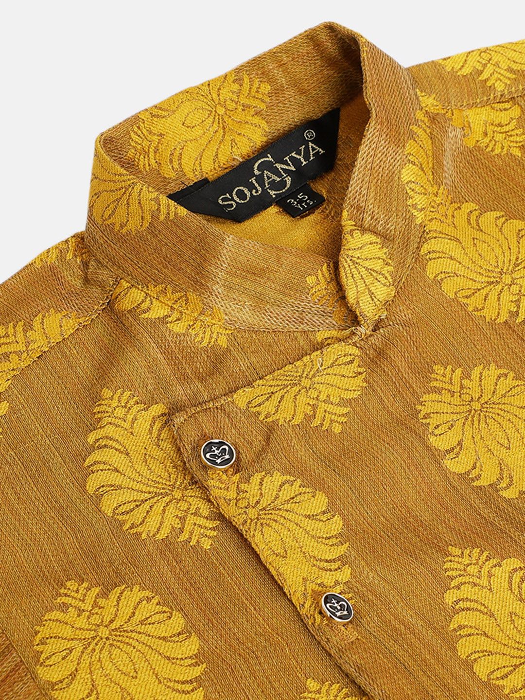SOJANYA Boys Mustard Yellow Ethnic Motifs Jacquard Straight Angrakha Kurta