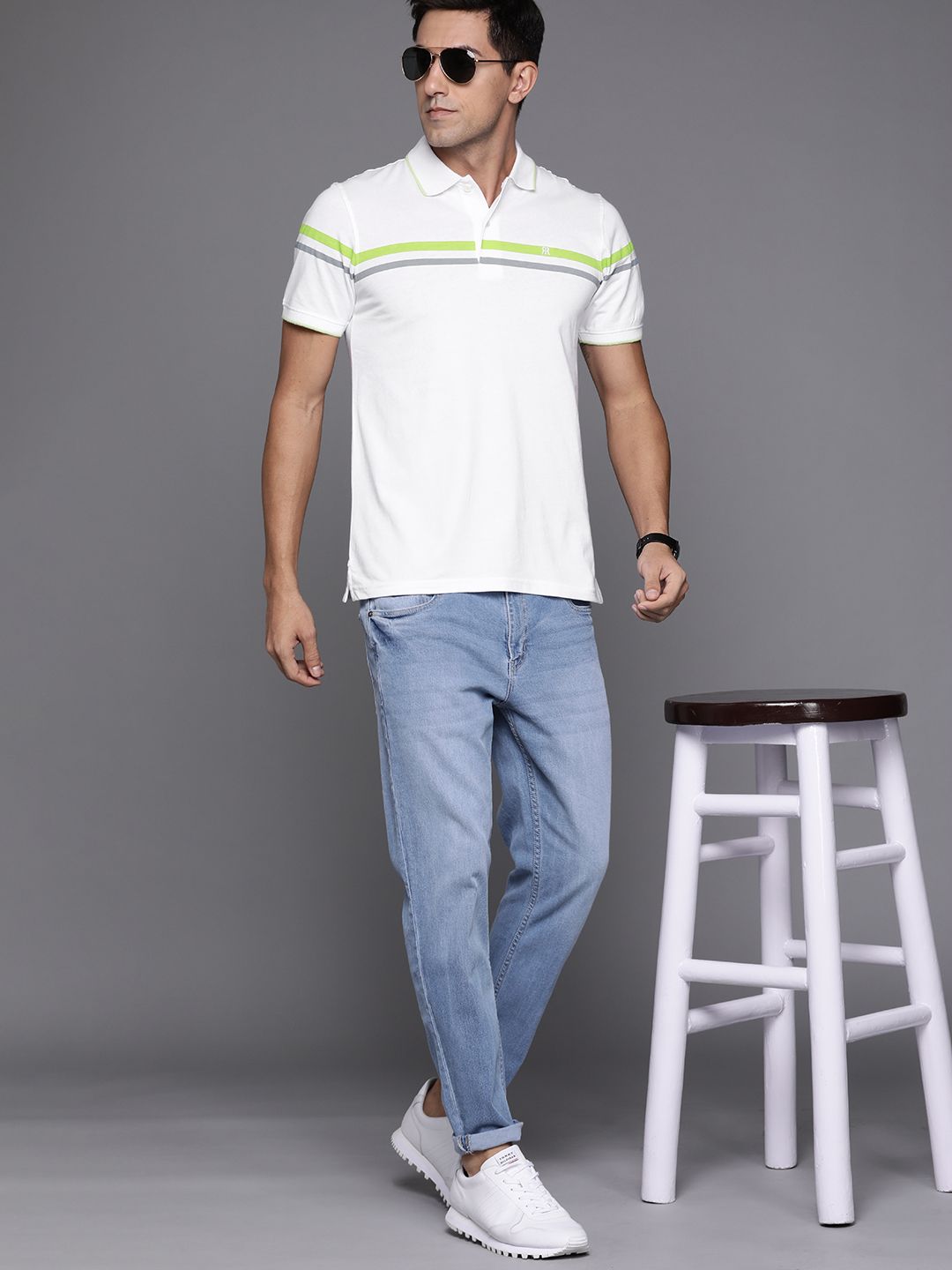 Raymond Men White & Green Printed Polo Collar T-shirt