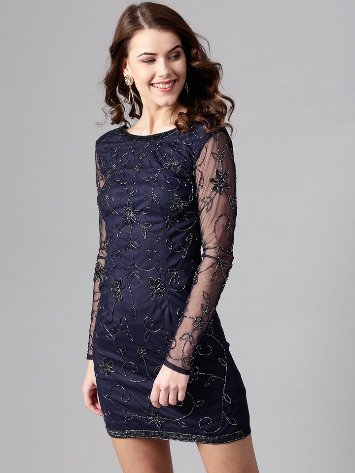 STREET 9 Women Navy Blue Net Embellished Bodycon Dress