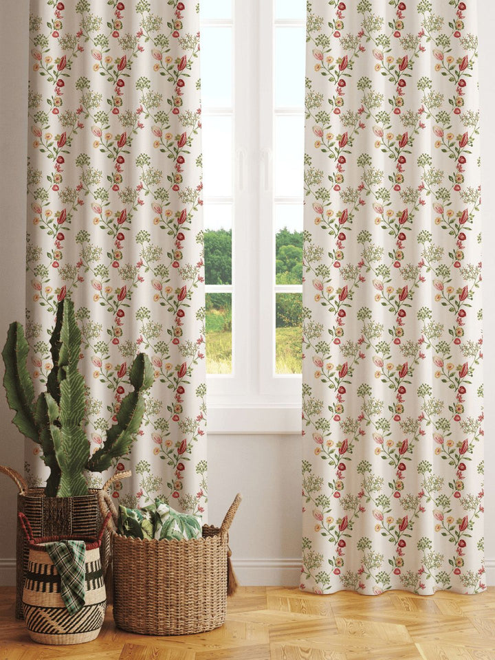 URBAN SPACE Pack of 2 White & Red Floral Printed Room Darkening Long Door Curtain