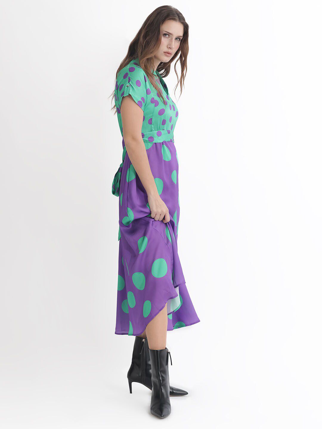 RAREISM Polka Dots Printed Belted A-line Dress
