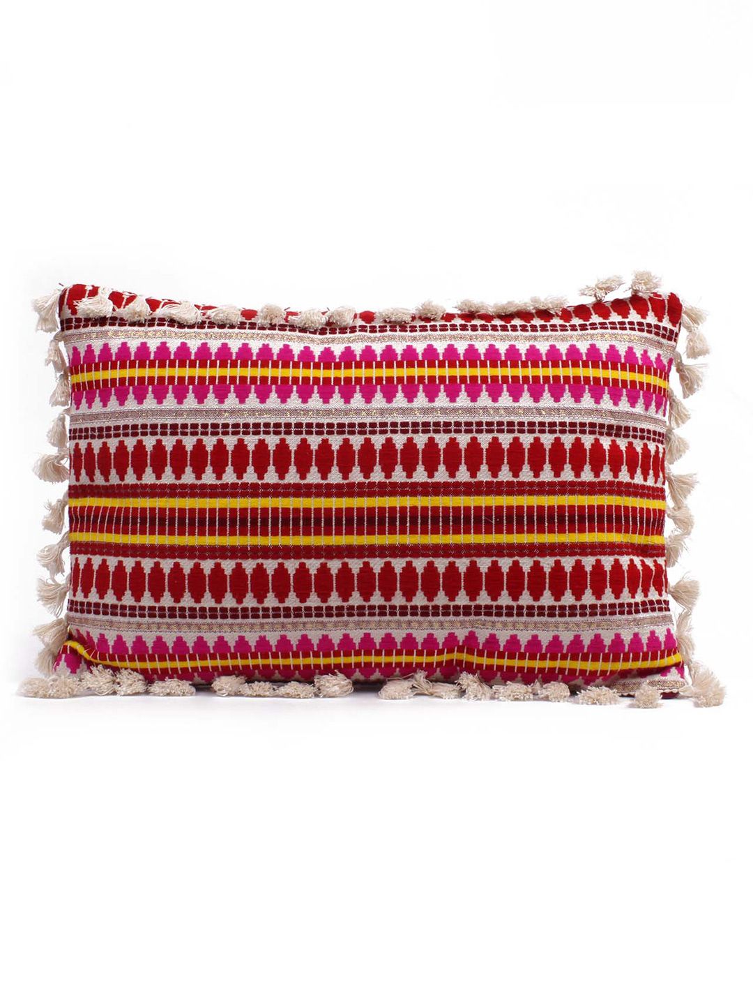 STITCHNEST Red & White 2-Pieces Embroidered Woollen Rectangle Cushion Covers