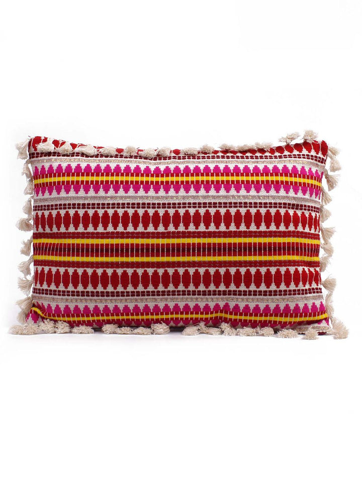 STITCHNEST Red & White 2-Pieces Embroidered Woollen Rectangle Cushion Covers