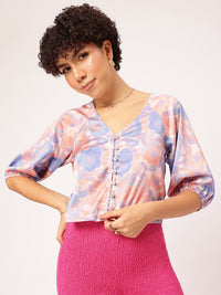 DressBerry Abstract Art Printed Puff Sleeve Shirt Style Crop Top