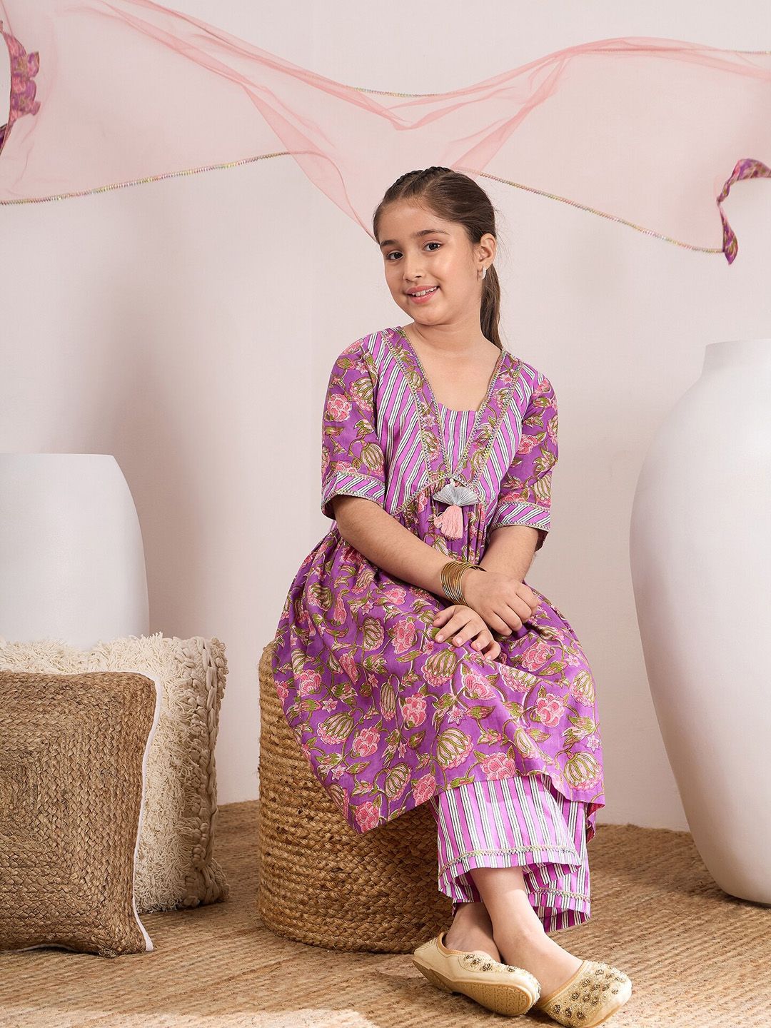 pspeaches Girls Floral Printed Gotta Patti Pure Cotton Kurta & Palazzos With Dupatta