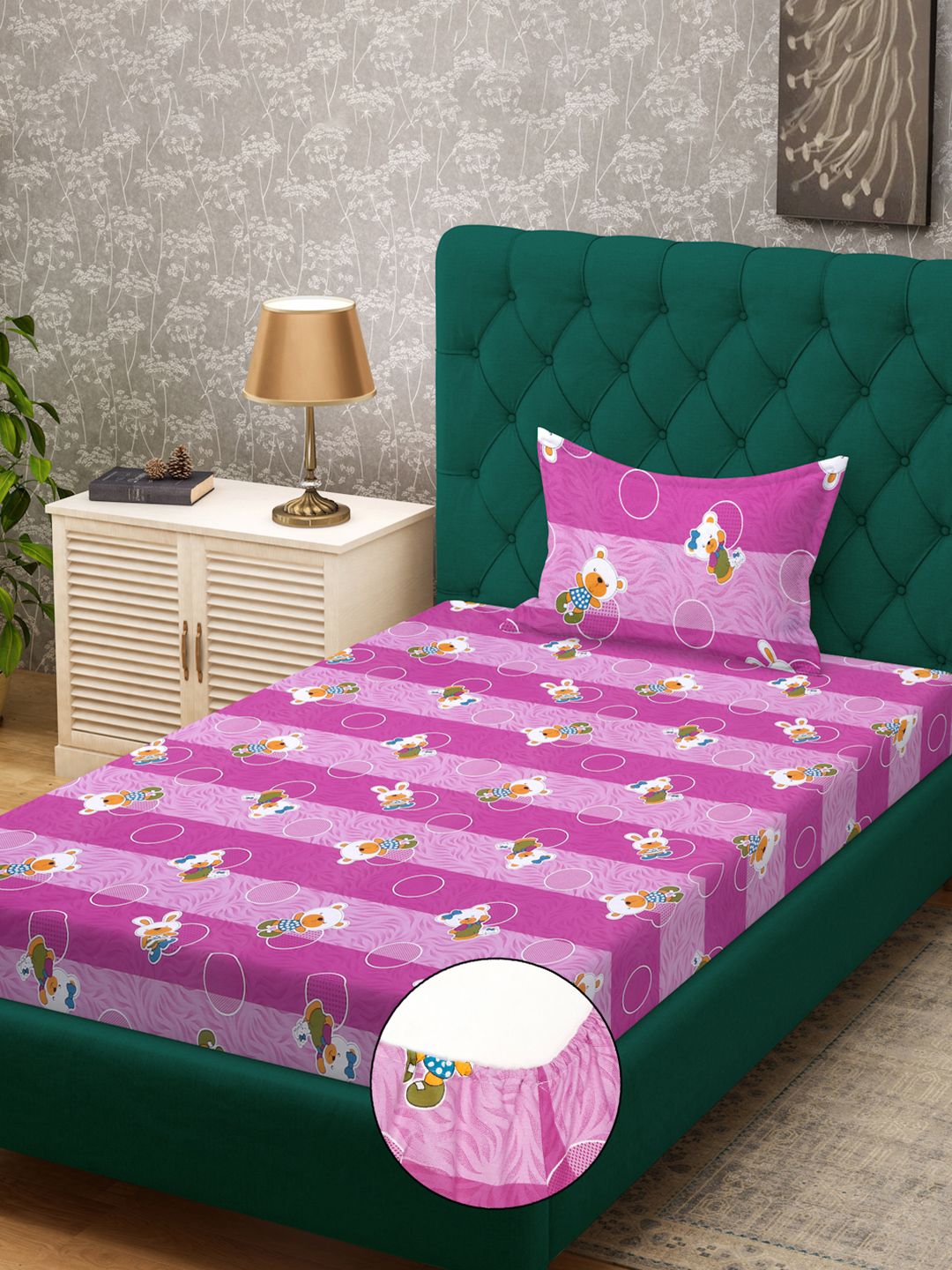 KLOTTHE Purple Conversational Pure Cotton 400 TC Fitted Single Superfine Bedsheet with a Pillow Cover-89 x 59 inches