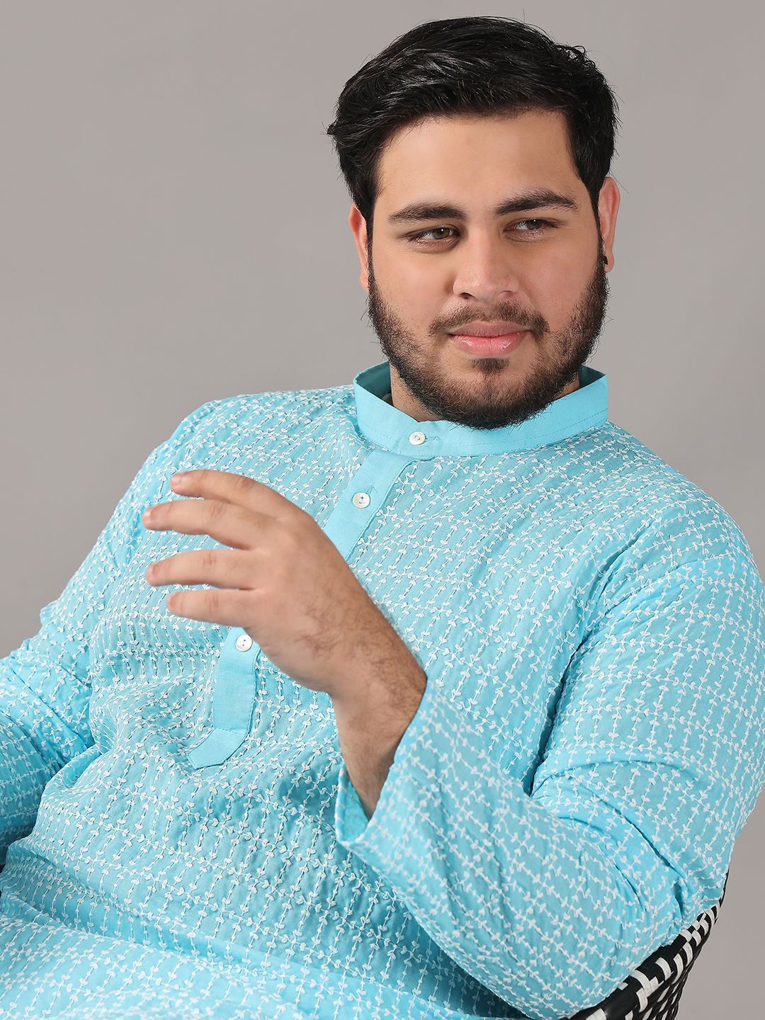 SOJANYA PLUS Plus Size Lelaki Motif Etnik Sulam Kurta Kapas Tulen Bersama Piyama
