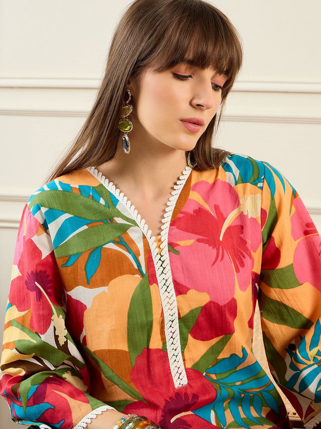 Indo Era Floral Printed V-Neck Pure Cotton Tunic With Trouser