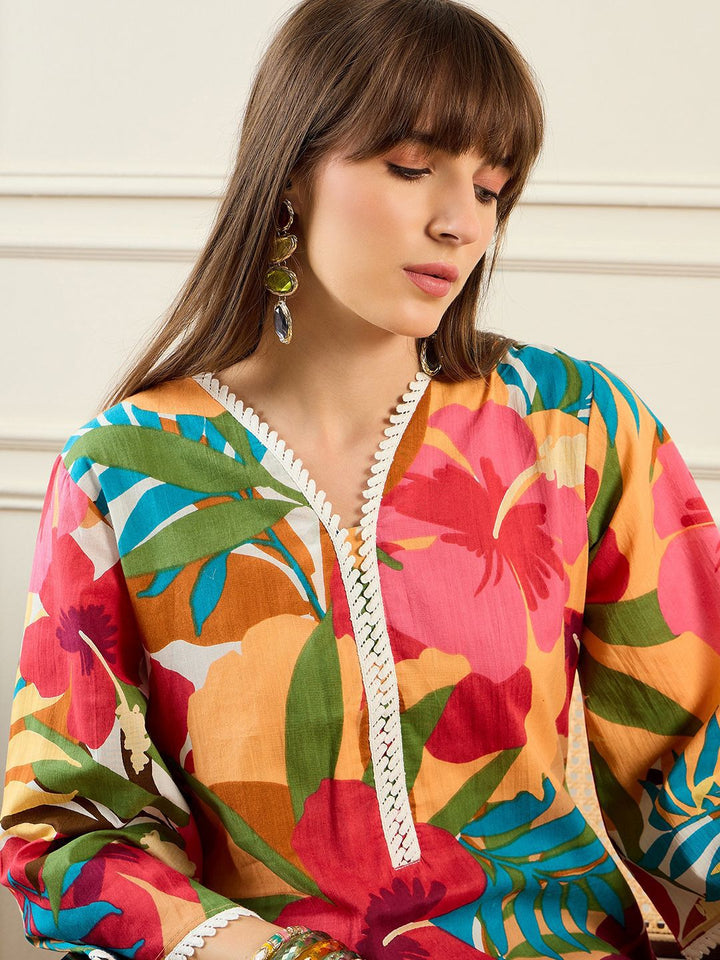 Indo Era Floral Printed V-Neck Pure Cotton Tunic With Trouser