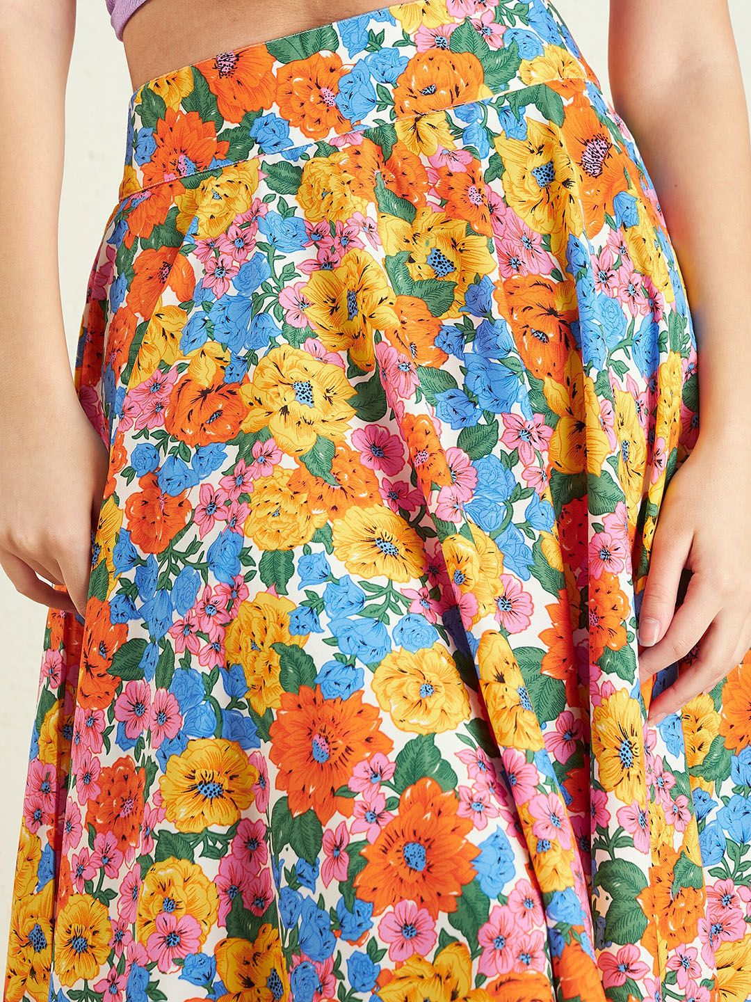 Berrylush Yellow Orange Floral Print Pleated A-Line Knee Length Skirt