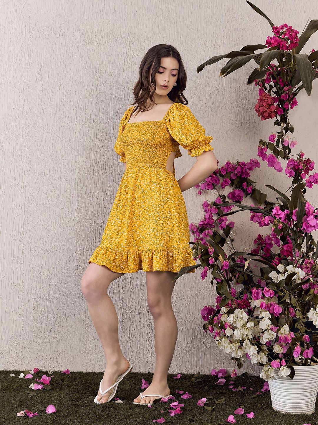 Berrylush Women Floral Print Puff Sleeve Ruffled Fit & Flare Dress
