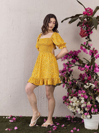 Berrylush Women Floral Print Puff Sleeve Ruffled Fit & Flare Dress