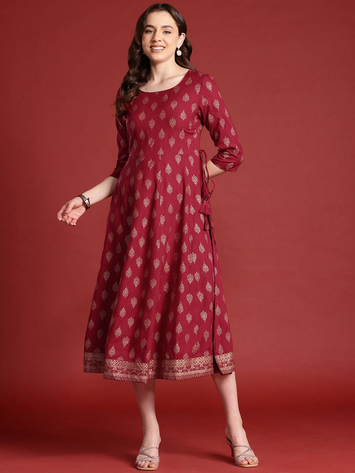 Anouk Tie-Up Tassels Detail Foil Print A-Line Midi Ethnic Dress