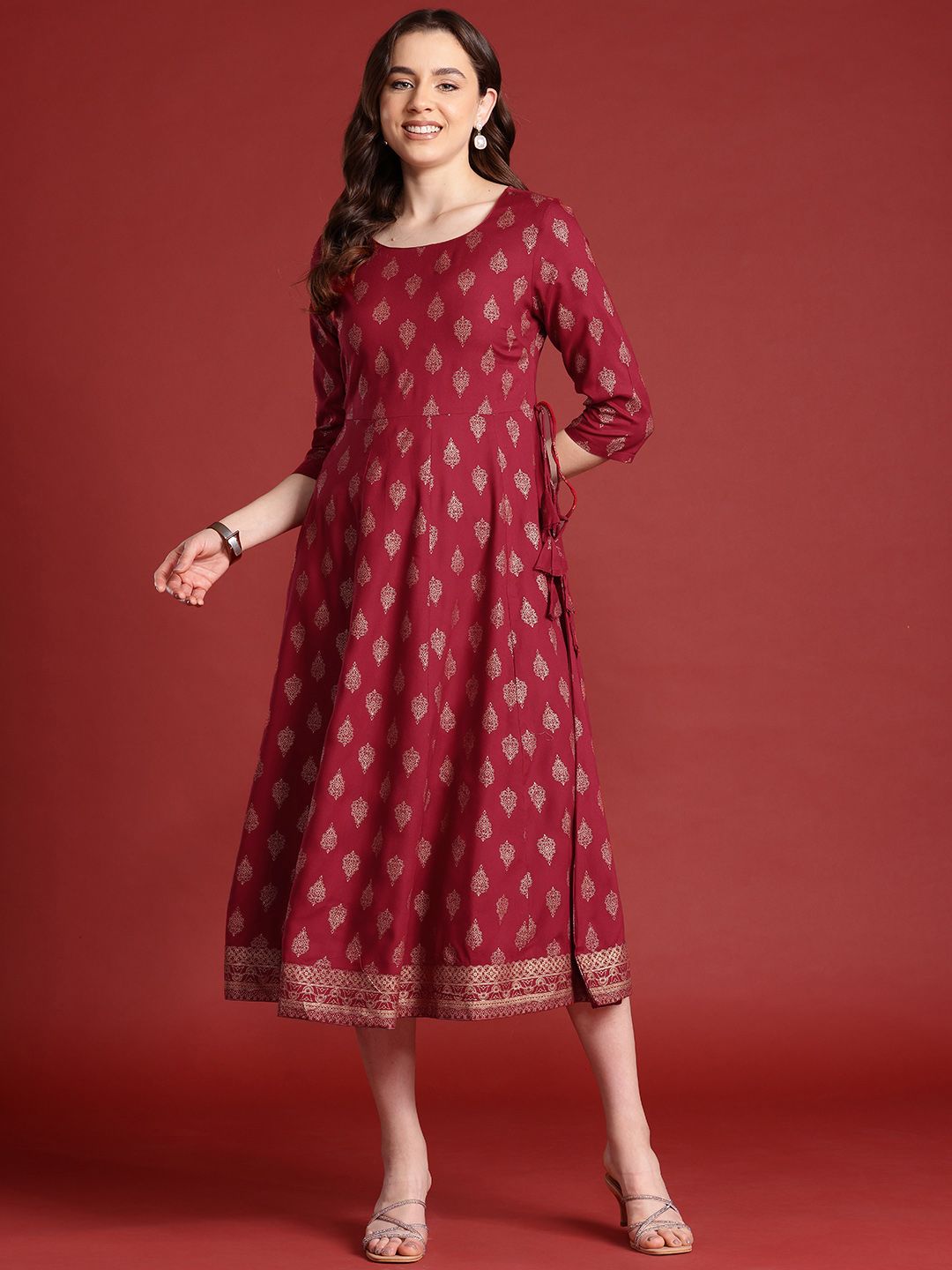 Anouk Tie-Up Tassels Detail Foil Print A-Line Midi Ethnic Dress