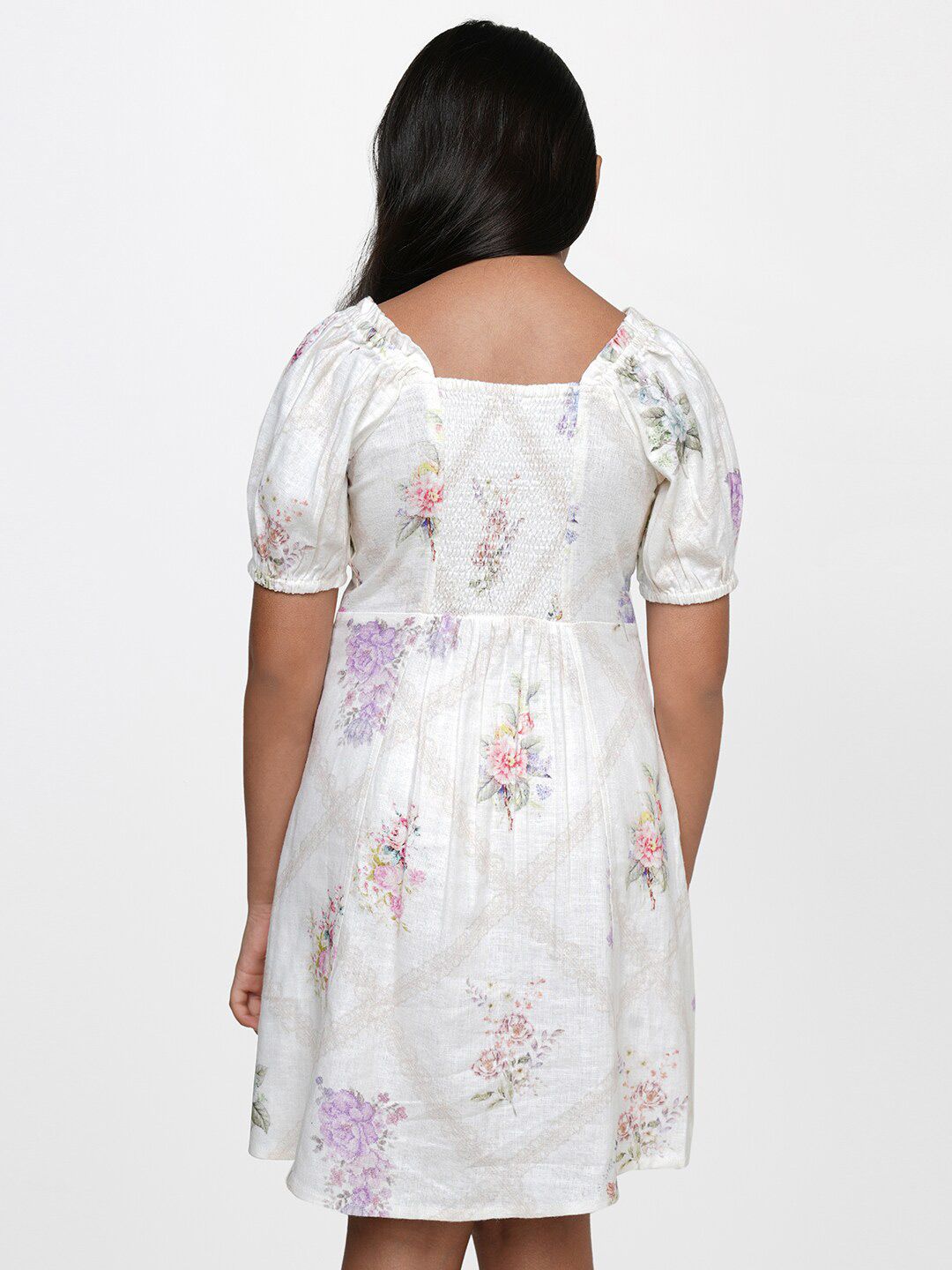 AND Girls White Floral Linen A-Line Dress